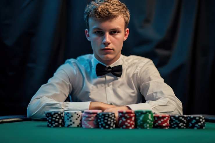 Tampilan meja casino virtual modern dengan dealer yang profesional dan efek neon
